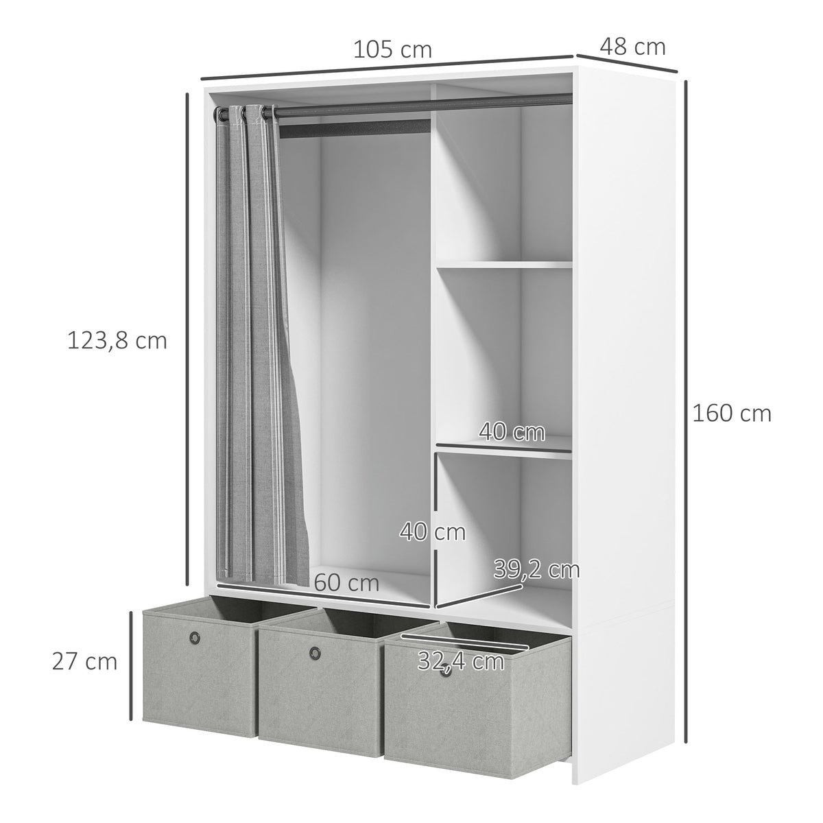 Armoire penderie armoire de rangement avec tringle rideaux 3 tiroirs en tissu amovibles 105 x 48 x 160 cm blanc-2