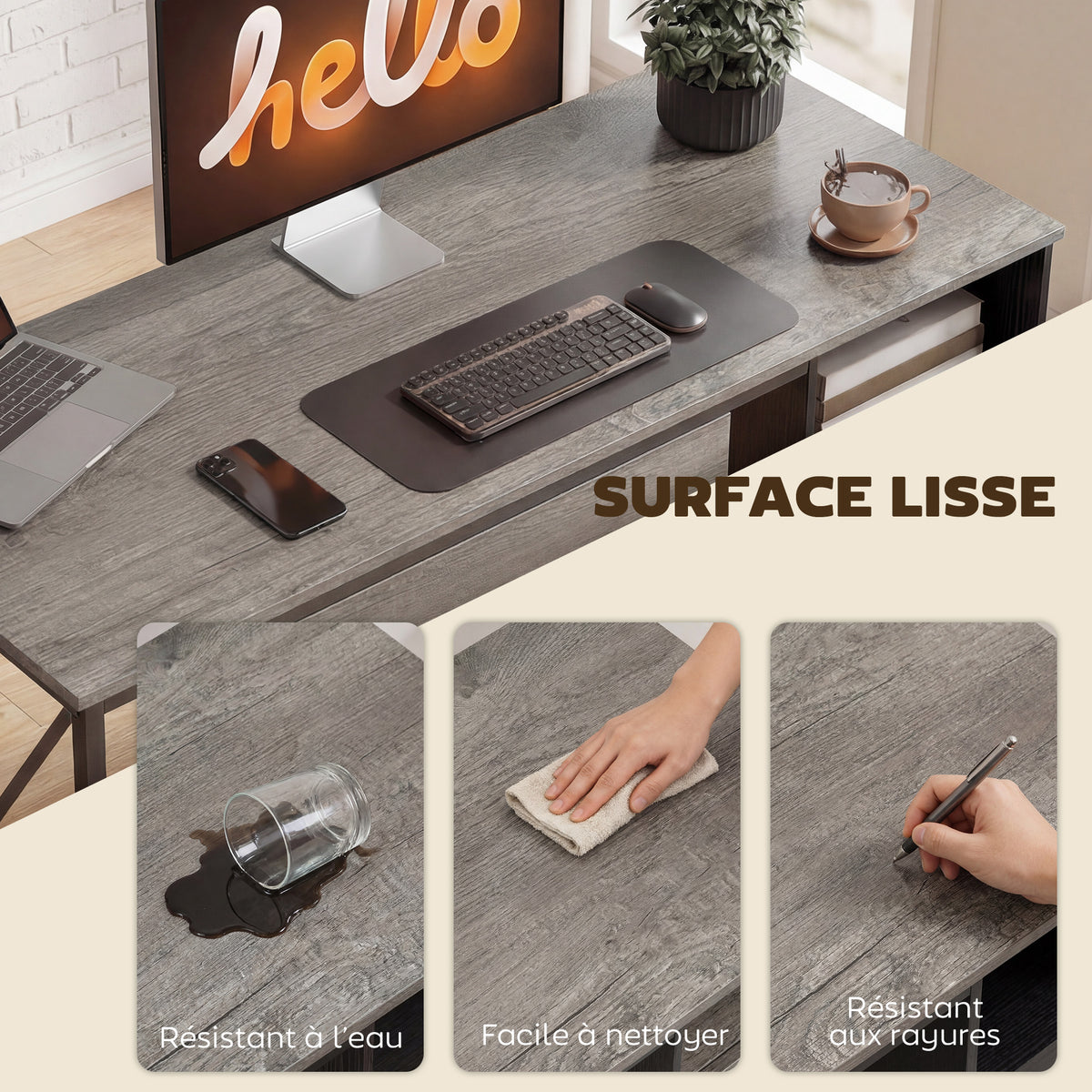 Bureau d'ordinateur, 120×50cm, bureau avec rangement, plateau clavier, compartiment ouvert et 2 tiroirs, gris-5