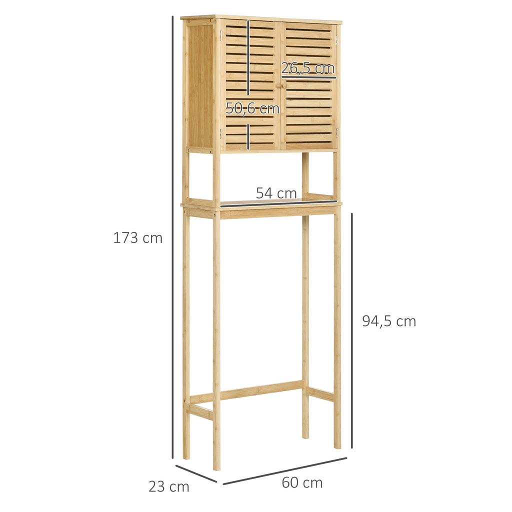 Étagère de toilettes meuble de salle de bain dessus toilette WC avec placard 2 portes et étagère ouverte 60 x 23 x 173 cm bambou-2