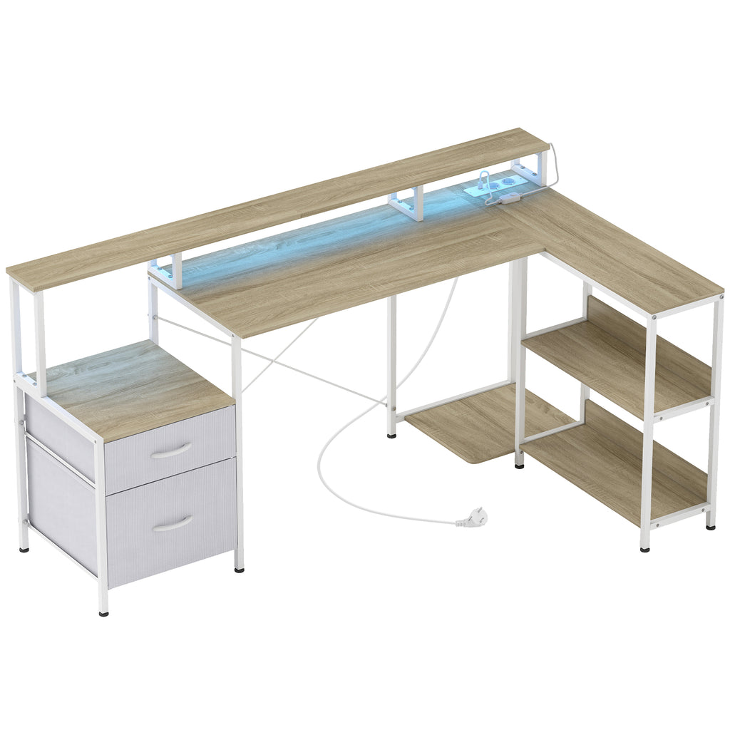 Bureau d'angle avec prises et lumières LED RGB, bureau d'ordinateur, 172 x 100 cm, support d'écran, 2 tiroirs, blanc-0