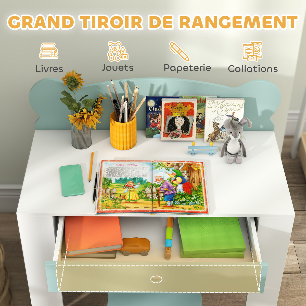 Bureau enfant avec chaise, table enfant et chaise avec tiroir et large plateau, 80 x 41 x 74,5 cm, vert-4