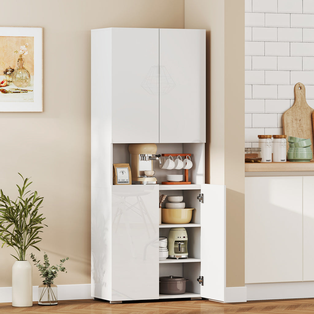 Buffet haut cuisine, armoire de cuisine, 4 portes à fermeture douce et étagères réglables, 68x34x180cm, blanc brillant-1