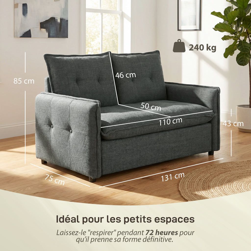 Canapé 2 places, canapé de salon moderne 131 cm avec assise rembourrée, coussins à ressorts, tissu en lin, gris foncé-2