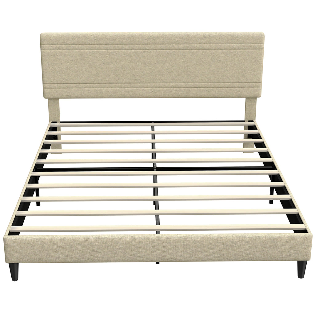 Cadre de Lit 160 x 200 cm avec Sommier en Bois, Rembourré en Effet Lin, Cadre en Acier, 9 Pieds Robustes, Beige-0