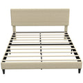 Cadre de Lit 160 x 200 cm avec Sommier en Bois, Rembourré en Effet Lin, Cadre en Acier, 9 Pieds Robustes, Beige-0