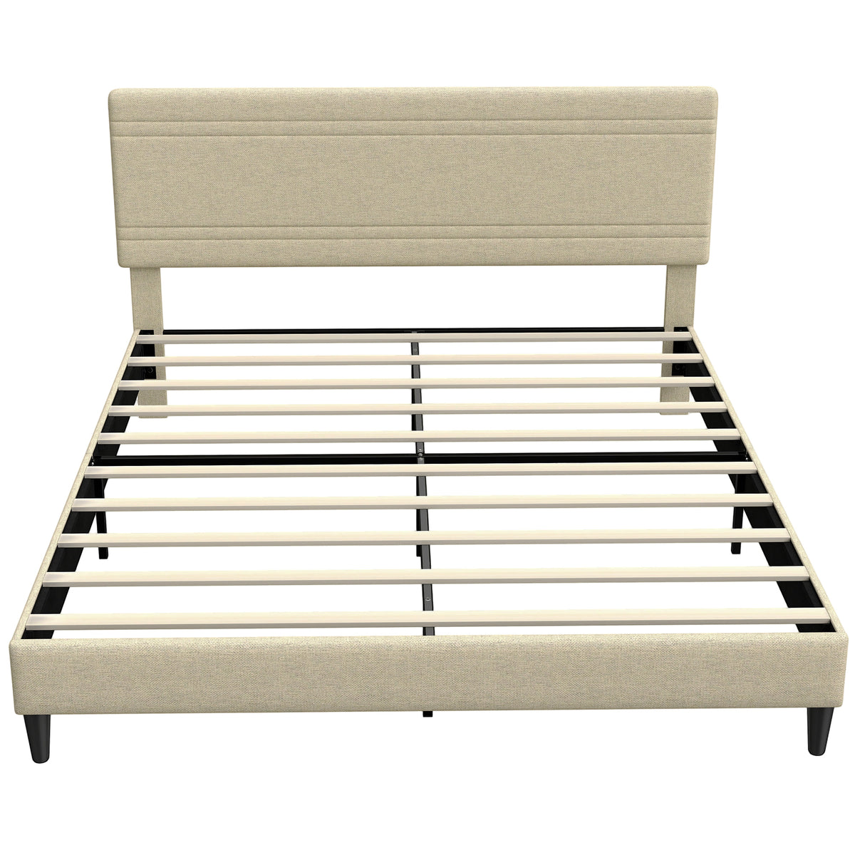 Cadre de Lit 160 x 200 cm avec Sommier en Bois, Rembourré en Effet Lin, Cadre en Acier, 9 Pieds Robustes, Beige-0