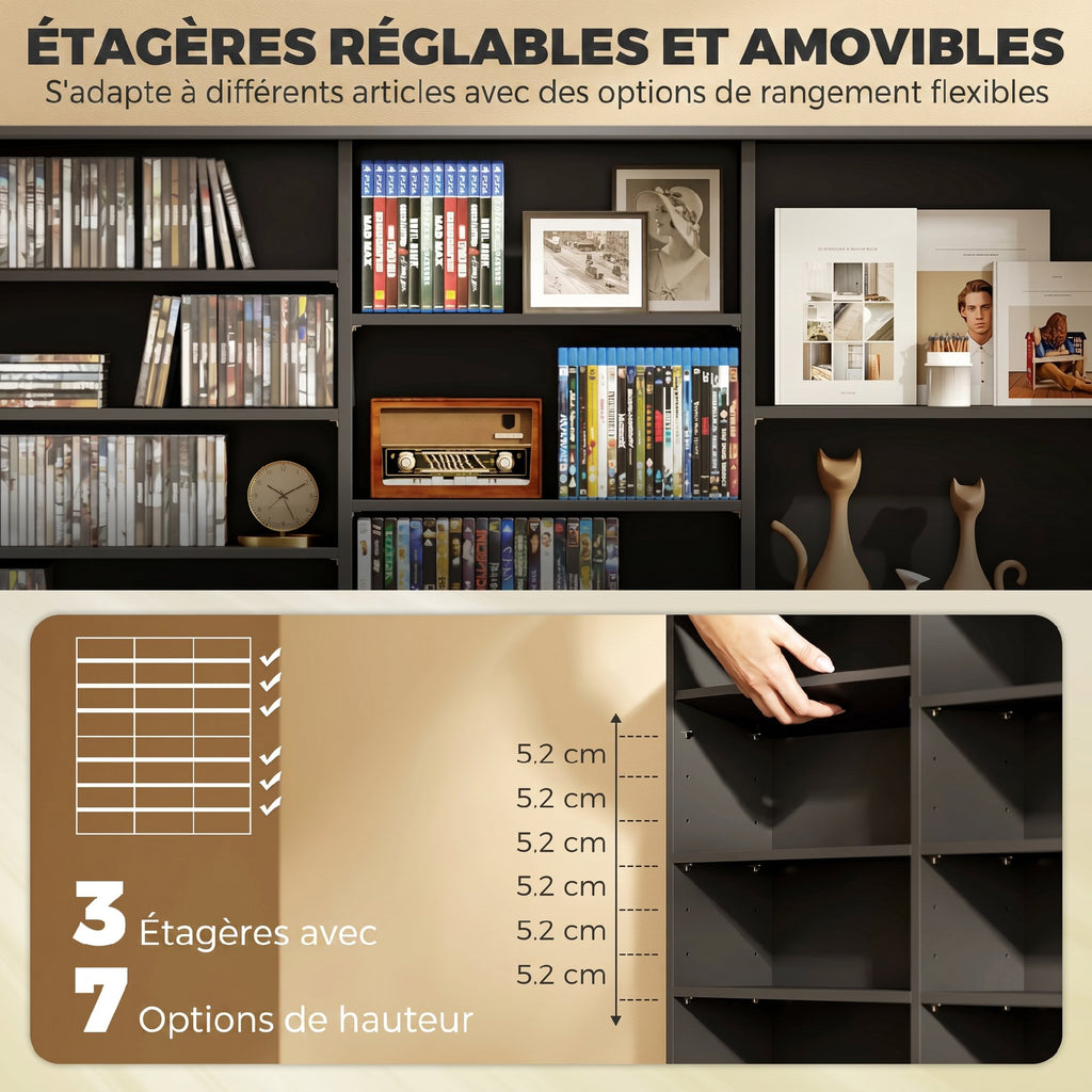Meuble de rangement 1032 CDs / 594 DVDs, étagère multimédia, 24 compartiments et 18 étagères ajustables, noir-4