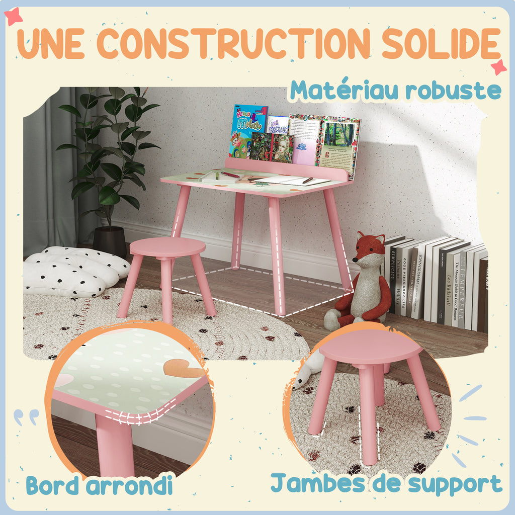 Ensemble table et chaise enfant table pour enfant avec chaise avec porte-livres motifs d'ours pour enfants 3-8 ans rose-5