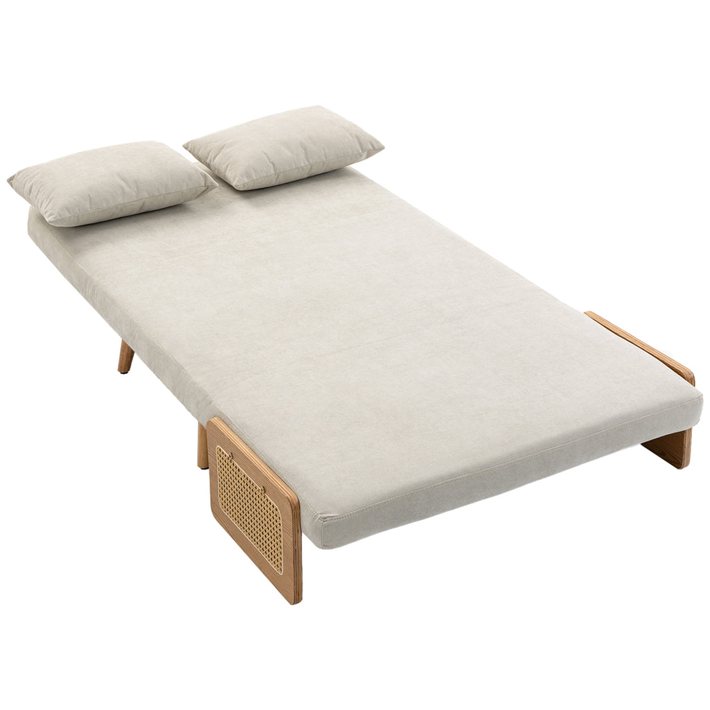 Canapé Convertible 2 Places, Canapé-Lit 3 en 1 Chenille 103cm, Dossier Réglable, 2 Oreillers, Accoudoirs en Bois, Crème-0