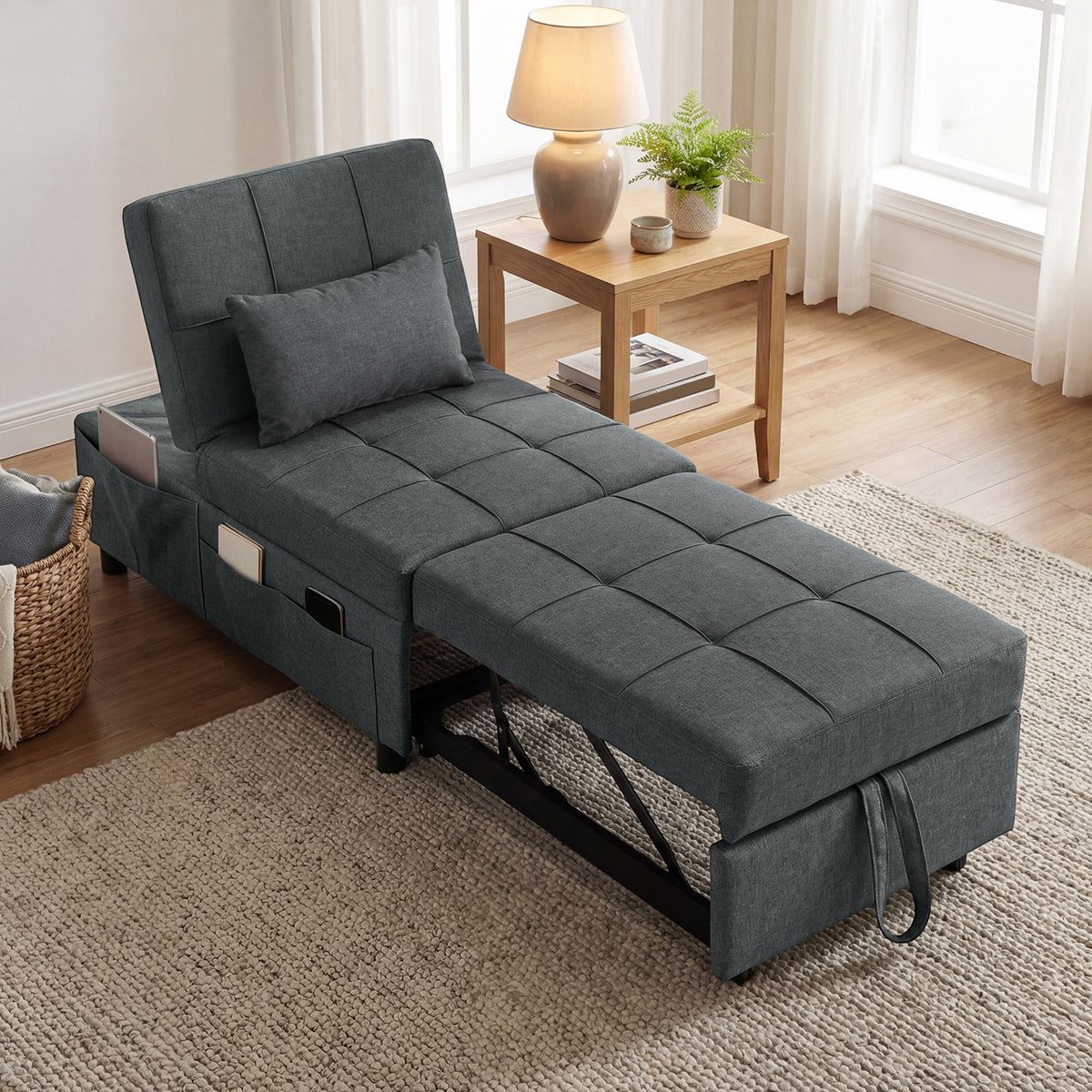 Fauteuil convertible 1 place fauteuil lit avec dossier réglable, siège rembourré et oreiller, gris-1