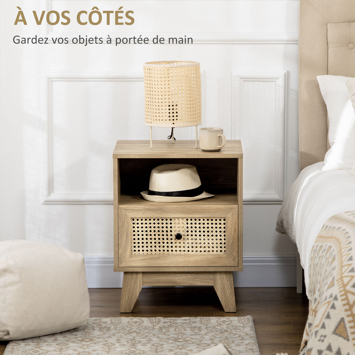 Table de chevet  table de nuit avec tiroir porte cannage et niche vintage 45 x 39 x 56,5 cm-3