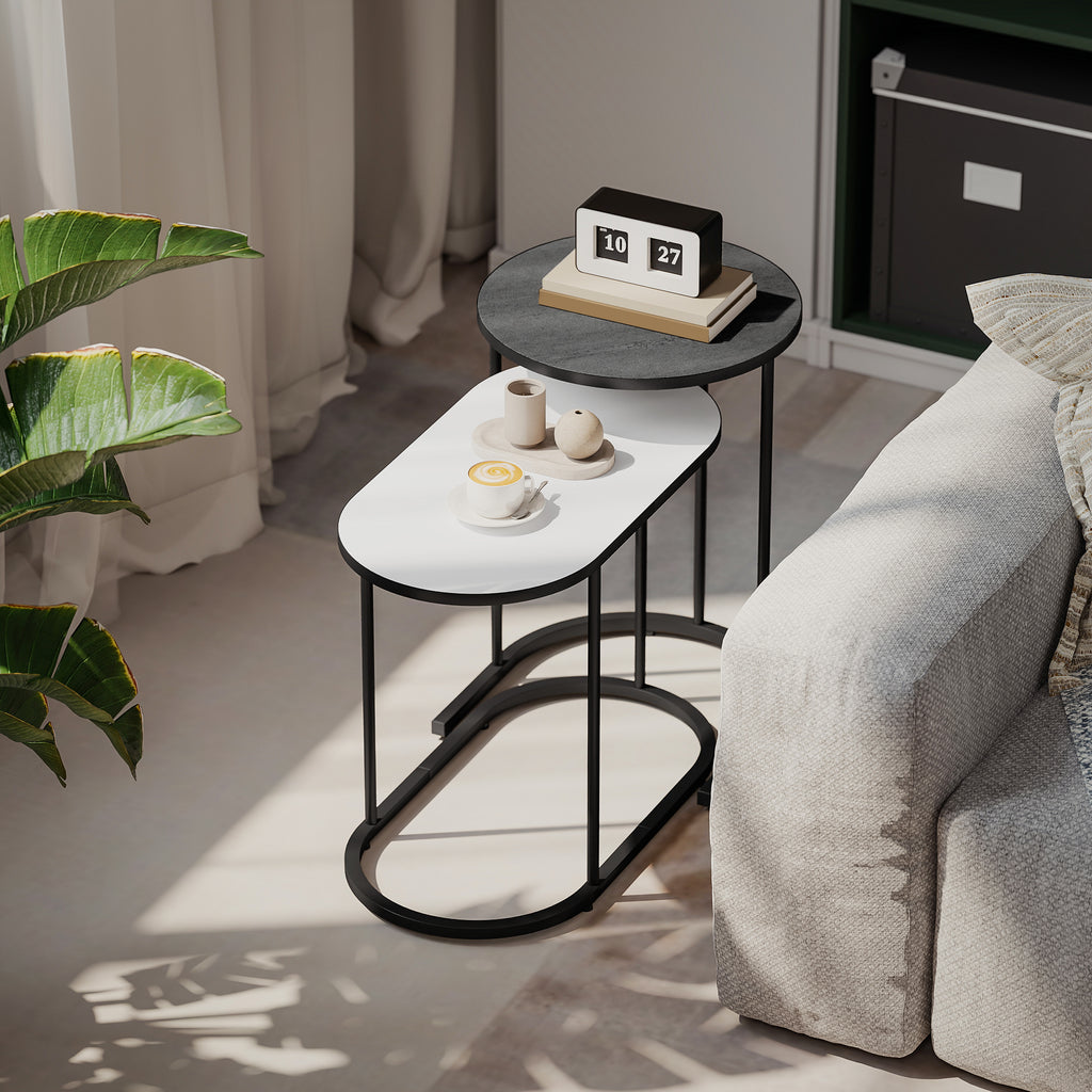 Lot de 2 tables basses gigognes, tables d'appoint empilable style contemporain, cadre en métal gris et blanc-1