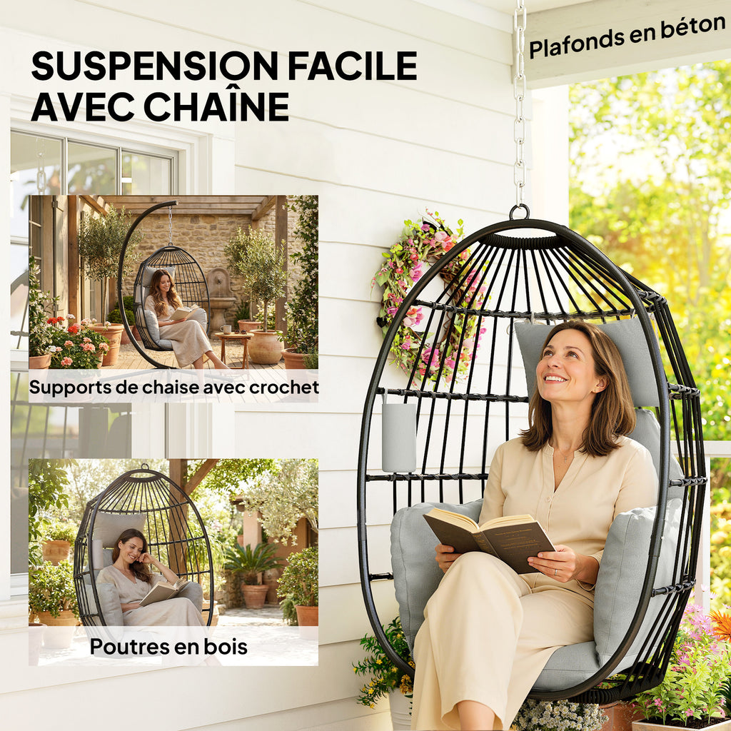 Fauteuil suspendu, fauteuil œuf suspendu, panier pliable, coussins rembourrés, porte-gobelet, oreiller, gris foncé-7