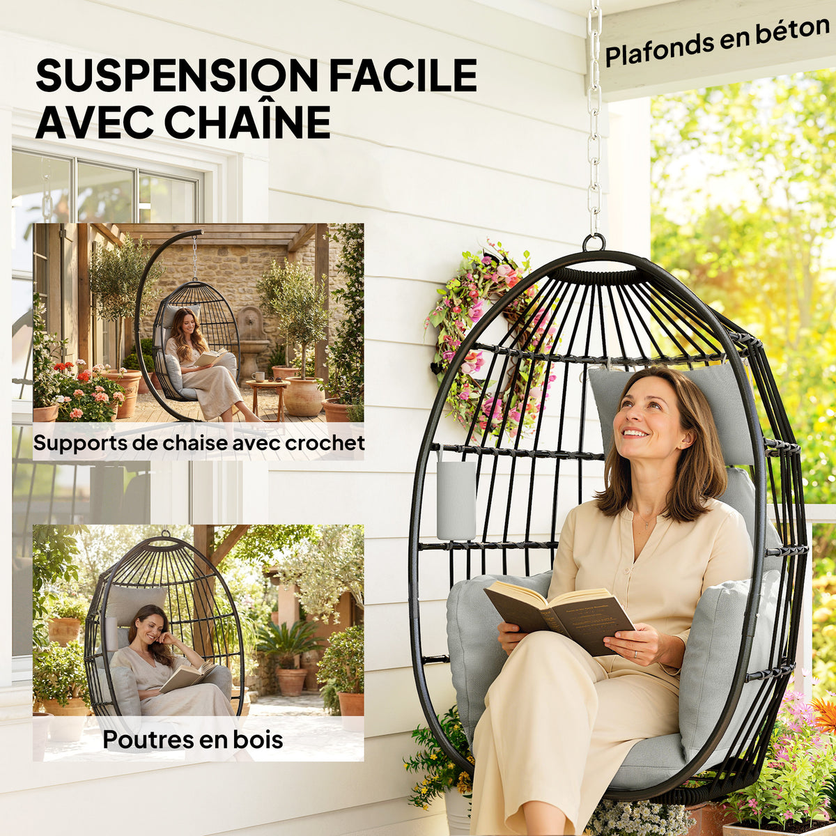 Fauteuil suspendu, fauteuil œuf suspendu, panier pliable, coussins rembourrés, porte-gobelet, oreiller, gris foncé-7