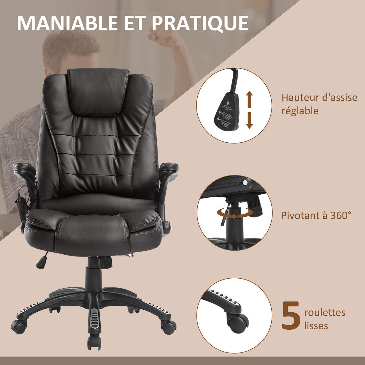 Fauteuil de bureau massant et chauffant électrique fauteuil bureau ergonomique revêtement synthétique brun-4