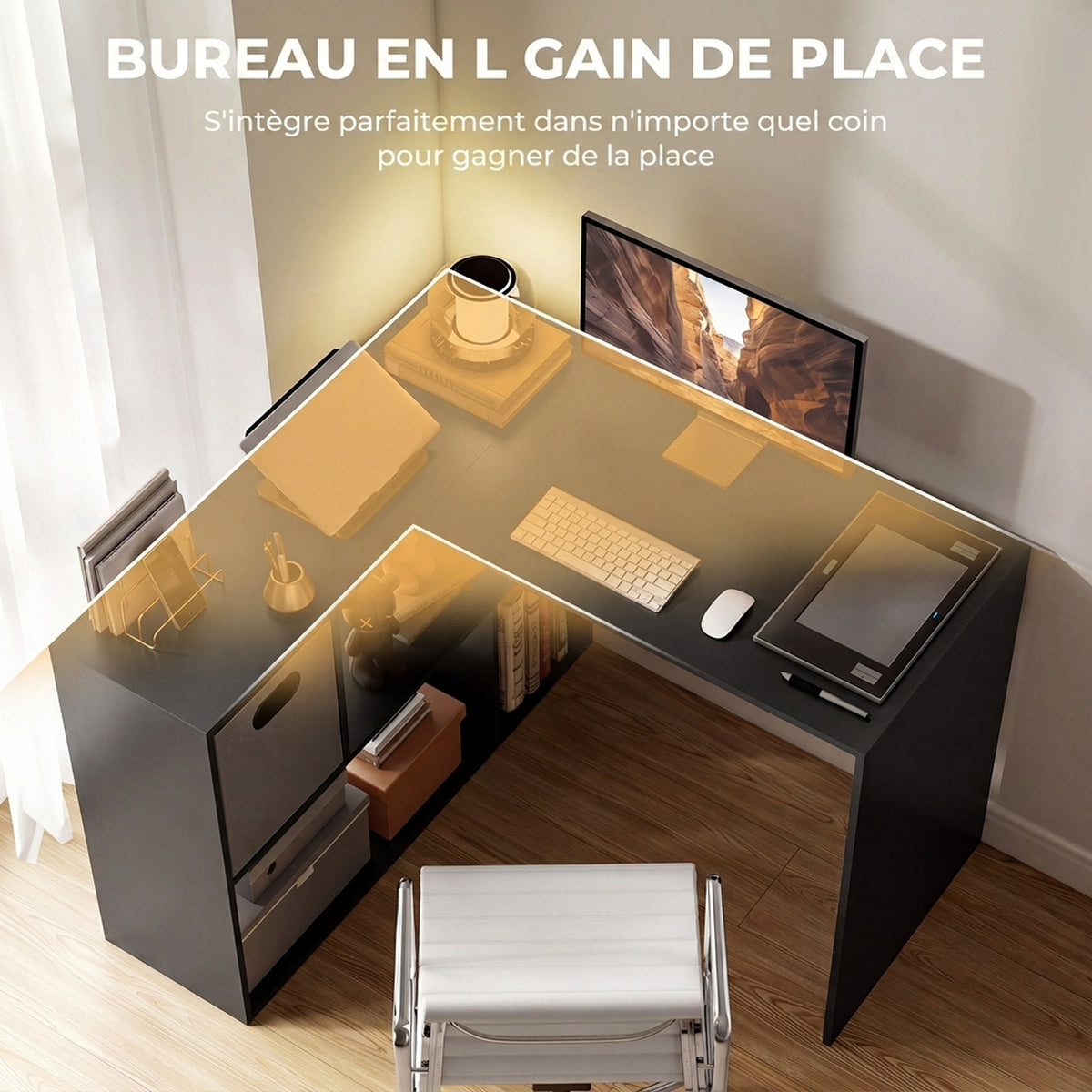 Bureau d'angle, bureau d'ordinateur avec tiroir en tissu et compartiments ouverts, 110 x 100 x 75 cm, noir-3