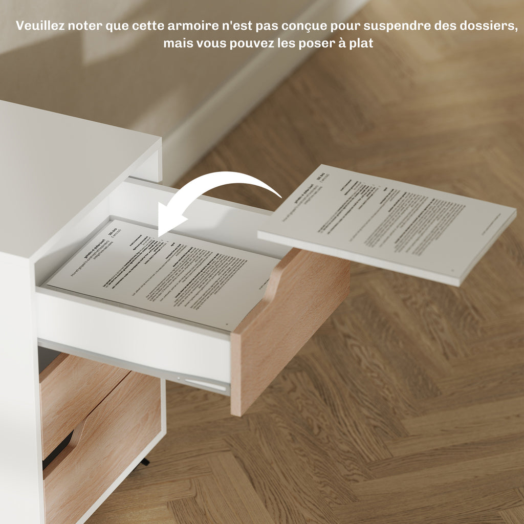 Caisson bureau mobile, meuble rangement bureau sur roulettes, 3 tiroirs, 40x50x57,5cm, blanc et chêne-6
