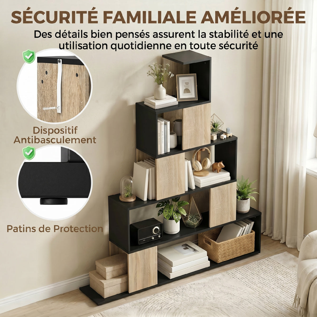 Étagère de rangement, bibliothèque géométrique à 5 niveaux, pour bureau, salon, chambre, noir et bois naturel-6