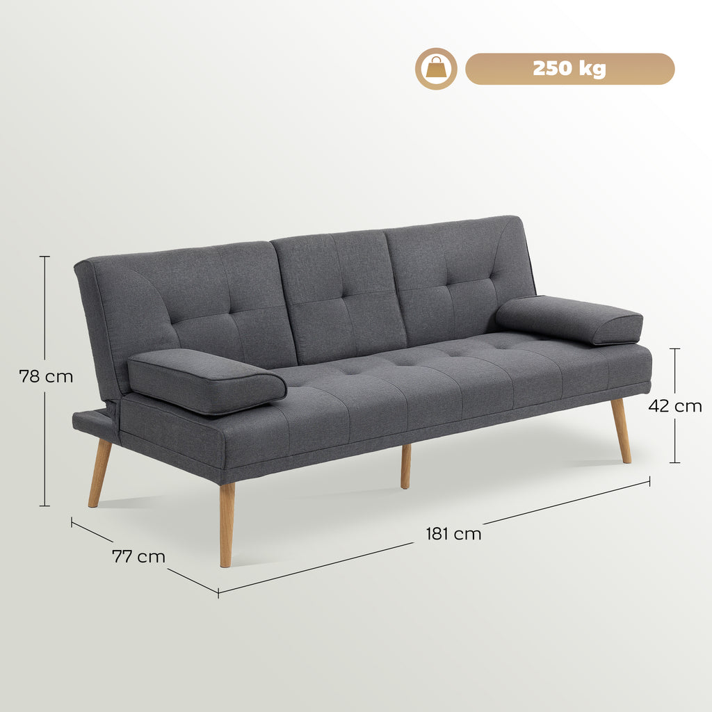 Canapé convertible 3 places, canapé-lit rembourré avec dossier réglable 3 niveaux, 2 coussins et 2 porte-gobelets intégrés, tissu de lin, pour salon, chambre d'amis, petit espace, gris foncé-2
