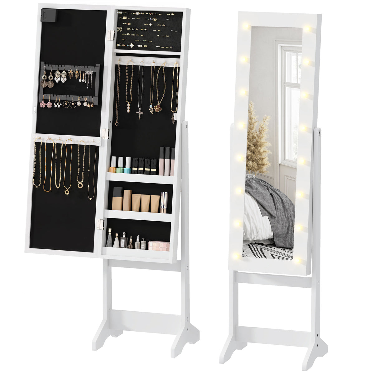 Armoire à bijoux armoire de rangement sur pieds boîte à bijoux avec miroir multi-rangements éclairage LED blanc-0