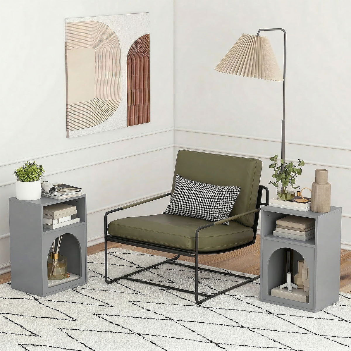 Lot de 2 tables de chevet, table de nuit avec compartiments ouverts, design arqué, 40 x 30 x 60 cm, gris-5