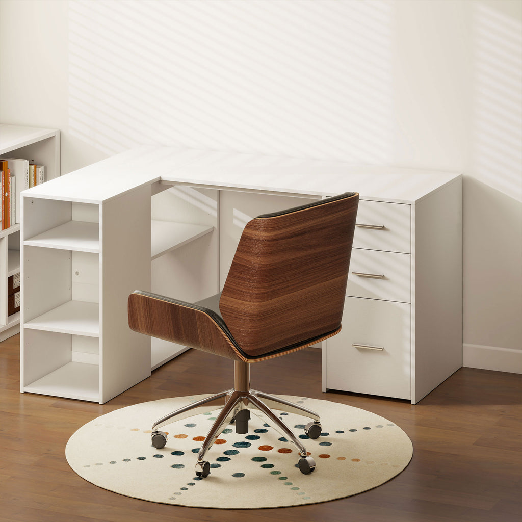Bureau d'Angle, Bureau Informatique en L, 3 Tiroirs, 5 Compartiments Ouverts, Étagères Réglables, 140x100x75cm, Blanc-1