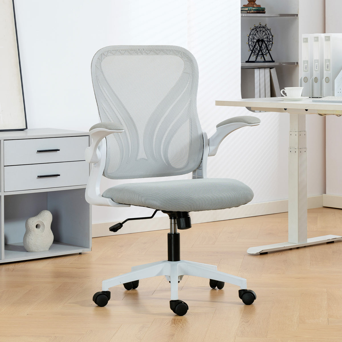 Chaise bureau ergonomique, fauteuil de bureau maille, dossier rabattable, accoudoirs relevables, 73x62x101-111cm, gris-1