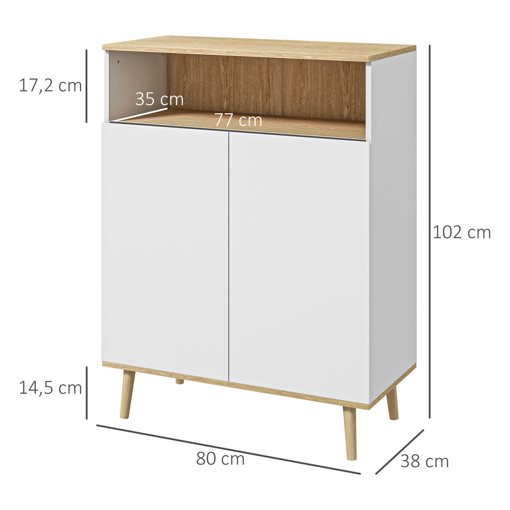 Meuble de rangement buffet sur pied scandinave placard 2 portes avec étagère intérieure blanc et aspect bois-2