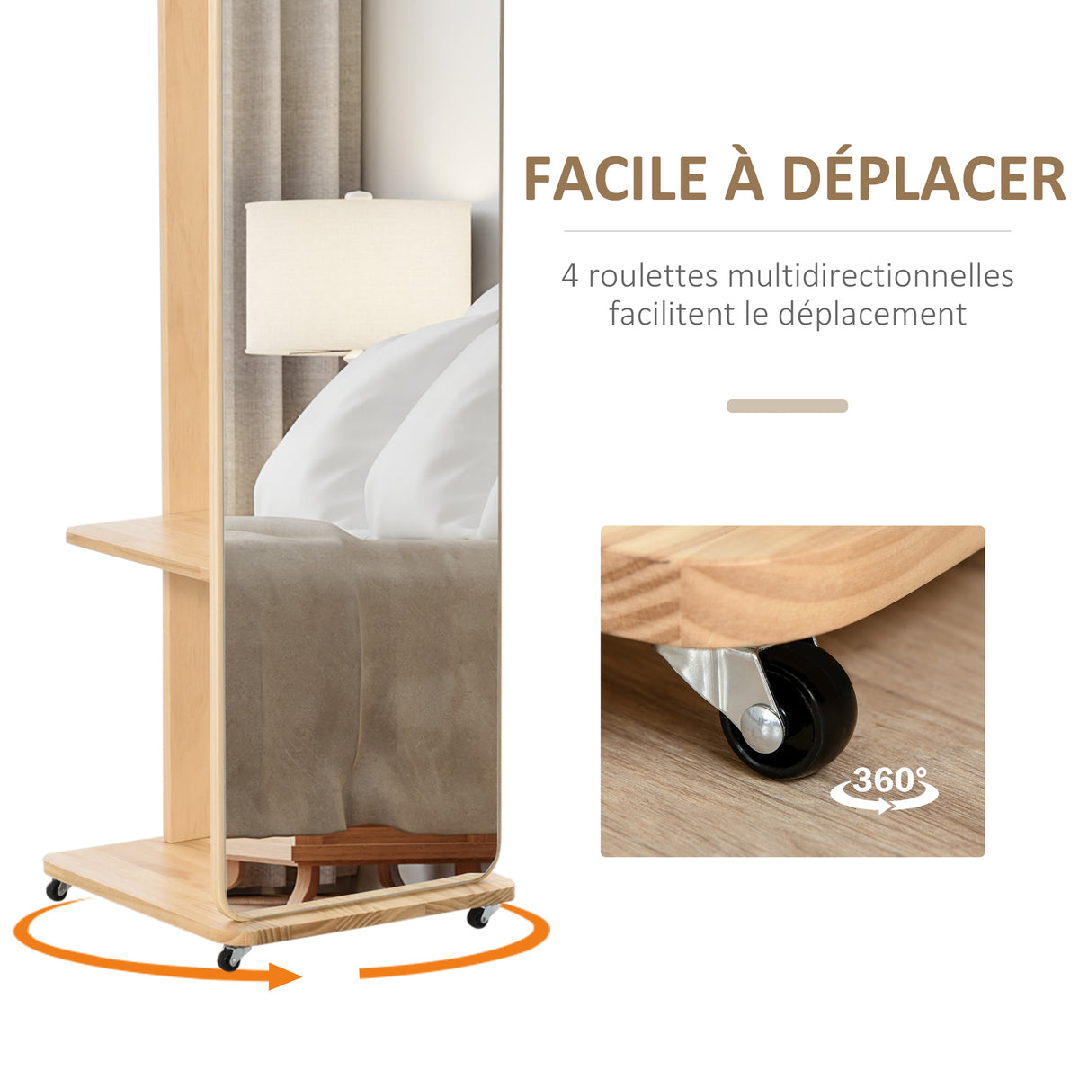 Miroir sur Pied avec roulettes - Portant, 4 patères étagère MDF Aspect Bois Clair-3