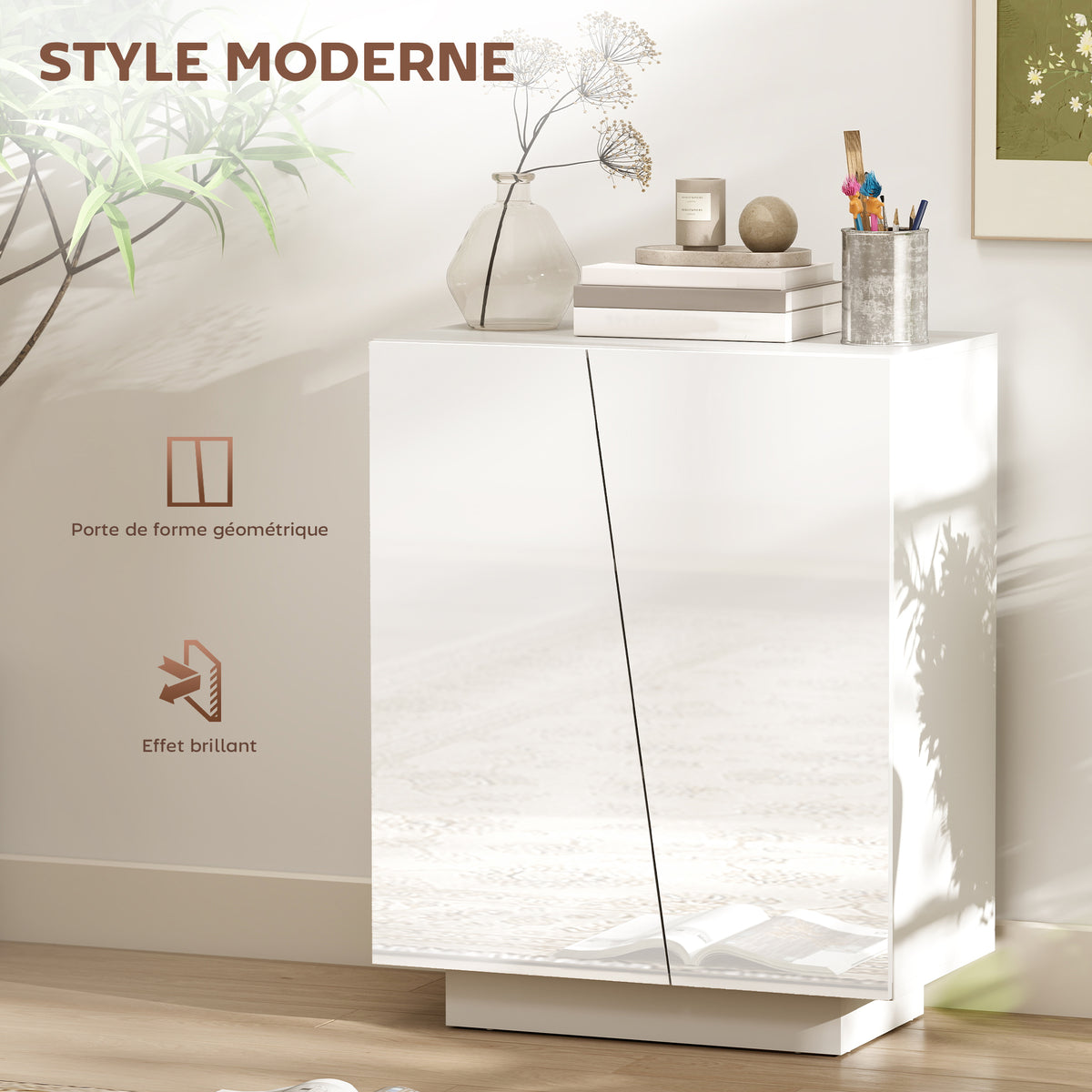 Buffet meuble de rangement avec placard double porte et étagère réglable, 70 x 40 x 88 cm, blanc brillant-3