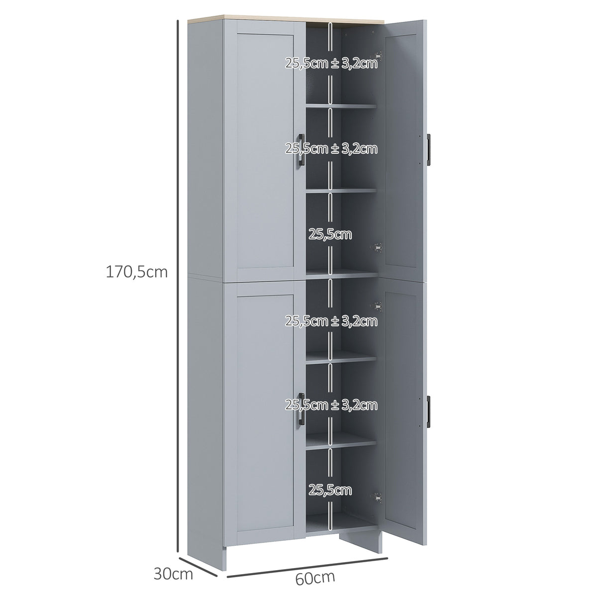 Armoire de cuisine hauteur 170 cm buffet haut avec 4 portes et étagères ajustable, design moderne, gris-2