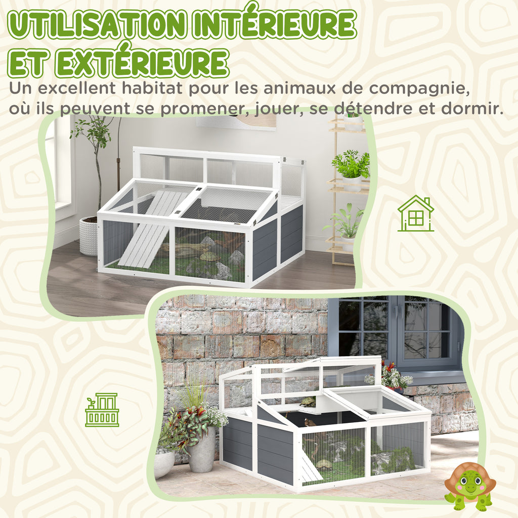 Maison enclos cage pour petit animal tortue avec 2 espaces toit en polycarbonate 3 portes rampe 115 x 115 x 82 cm gris-5