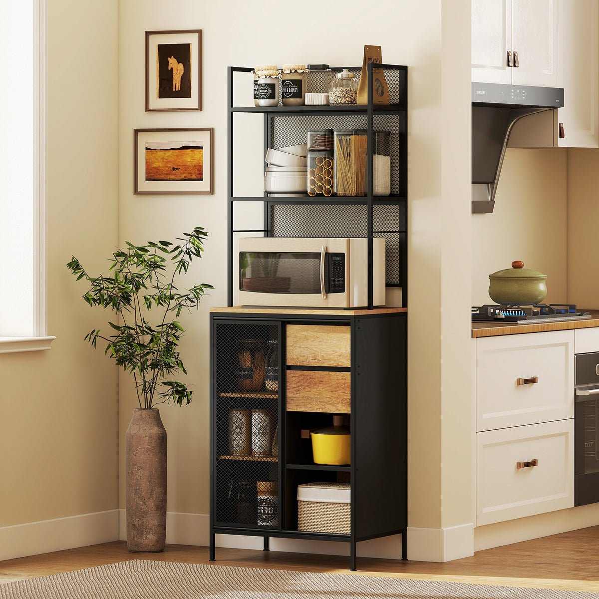 Buffet, armoire de cuisine, plan de travail, porte coulissante, tiroirs et étagères ouvertes, 60x40x180cm, bois naturel-9