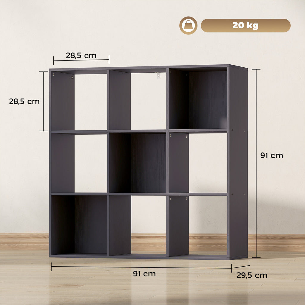 Bibliothèque, étagère de rangement à 3 niveaux avec 9 compartiments, pour salon, bureau, chambre, 91x29,5x91cm, gris-2
