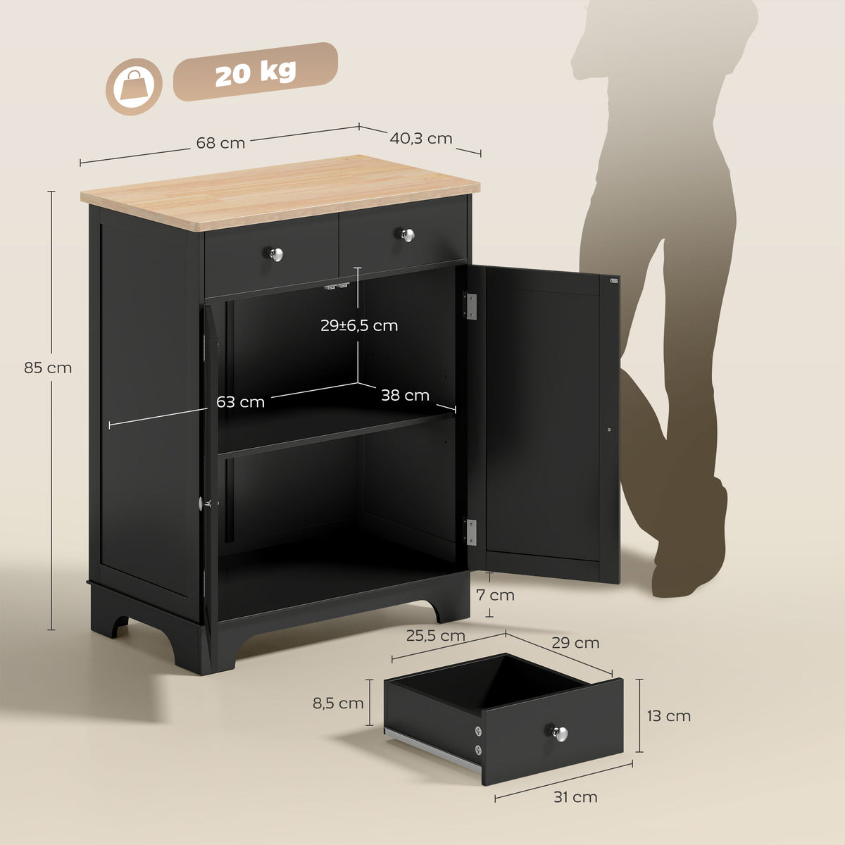 Meuble de rangement buffet salon avec placards, 2 tiroirs et étagères réglables, 68x40,3x85cm, noir et bois naturel-2