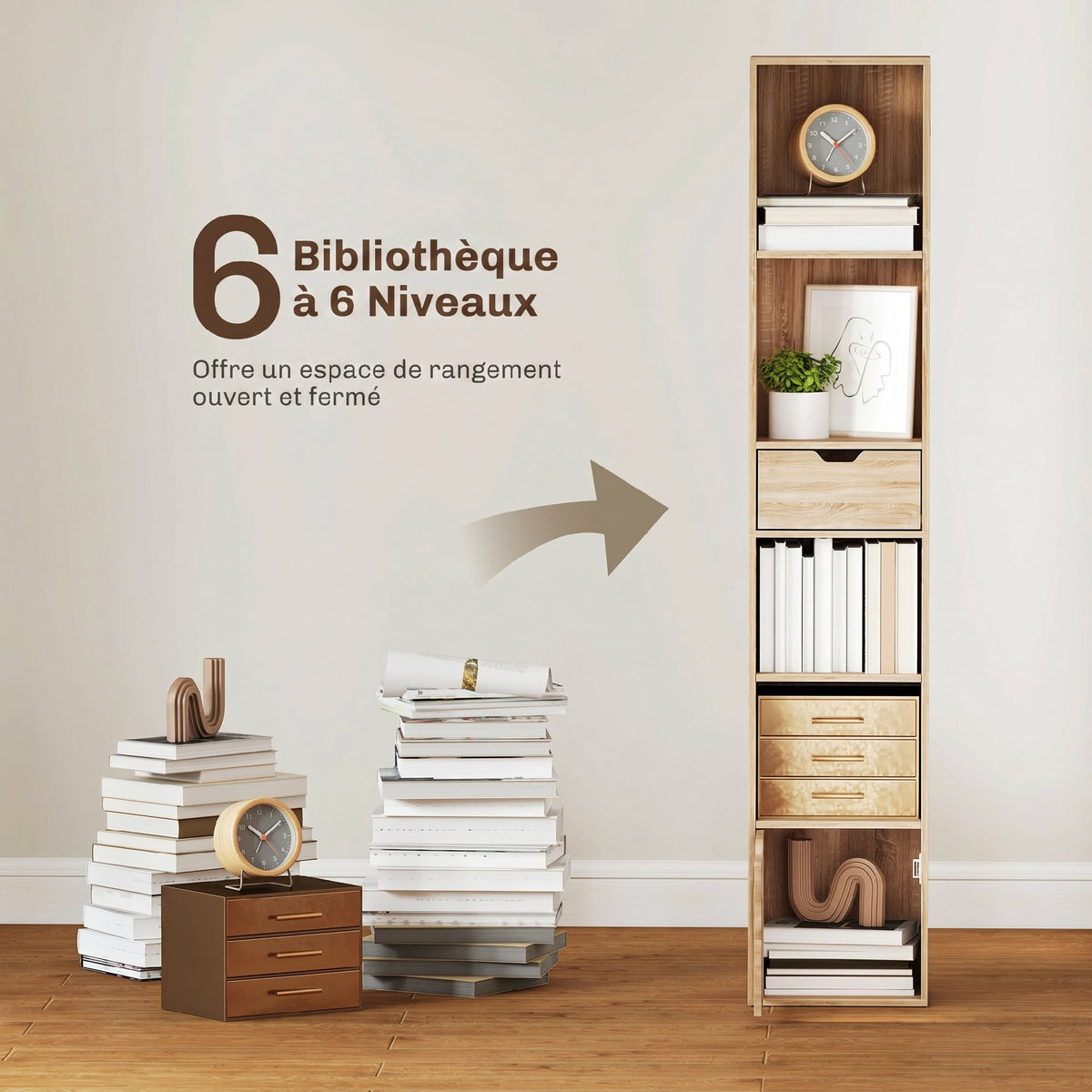Bibliothèque, étagère à livres, meuble de rangement avec tiroir placard compartiments ouvertes, 30 x 24 x 158 cm naturel-3