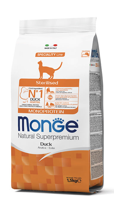 MONGE SUPERPREMIUM CAT STERILIZED ANATRA 1,5 KG.