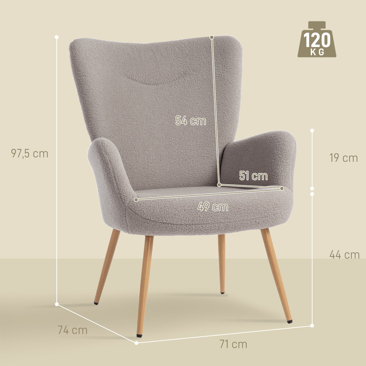 Fauteuil salon, fauteuil d'appoint rembourré en tissu bouclette avec haut dossier et accoudoirs, 71x74x97,5cm, gris-2