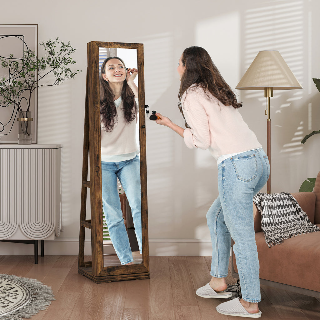 Armoire à Bijoux pivotante verrouillable boîte à bijoux avec Miroir - Armoire Bijoux Multi-Rangement - Brun Rustique-1