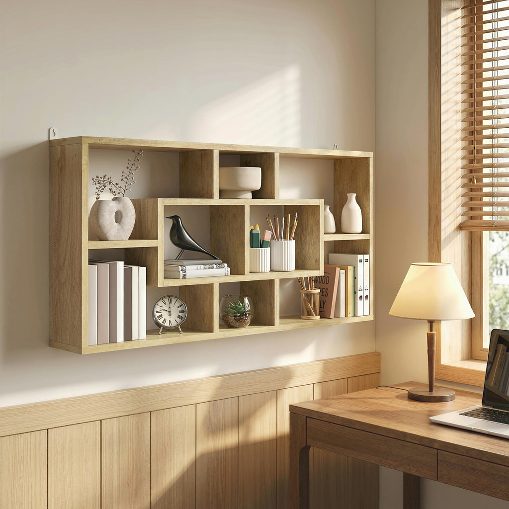 Étagère murale bibliothèque 8 cubes, meuble de rangement, design moderne, 85 x 14,5 x 47,5 cm, chêne-4