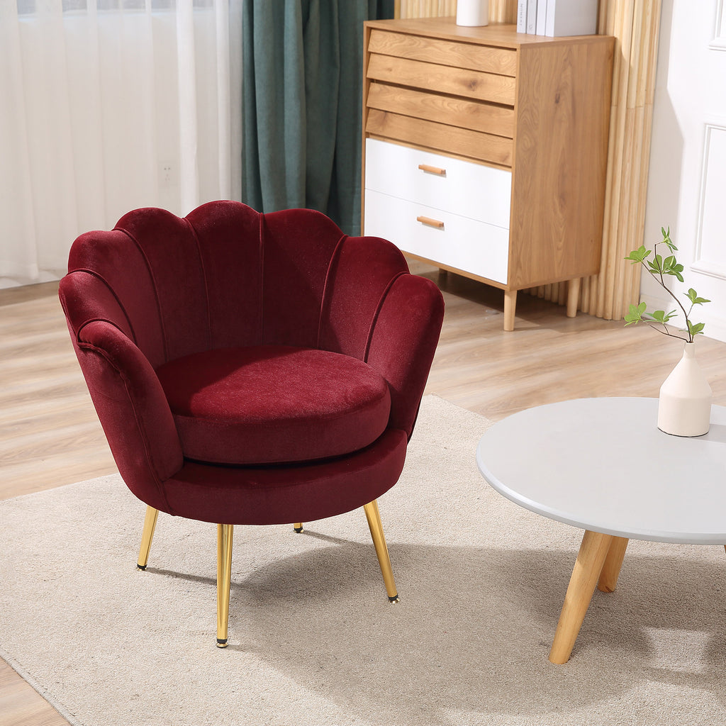 Fauteuil salon fauteuil en velours fauteuil coquillage avec pieds en métal doré pour chambre à coucher, rouge-1