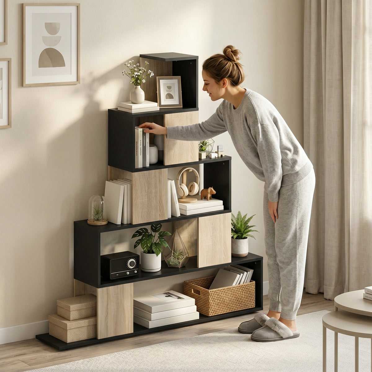 Étagère de rangement, bibliothèque géométrique à 5 niveaux, pour bureau, salon, chambre, noir et bois naturel-8
