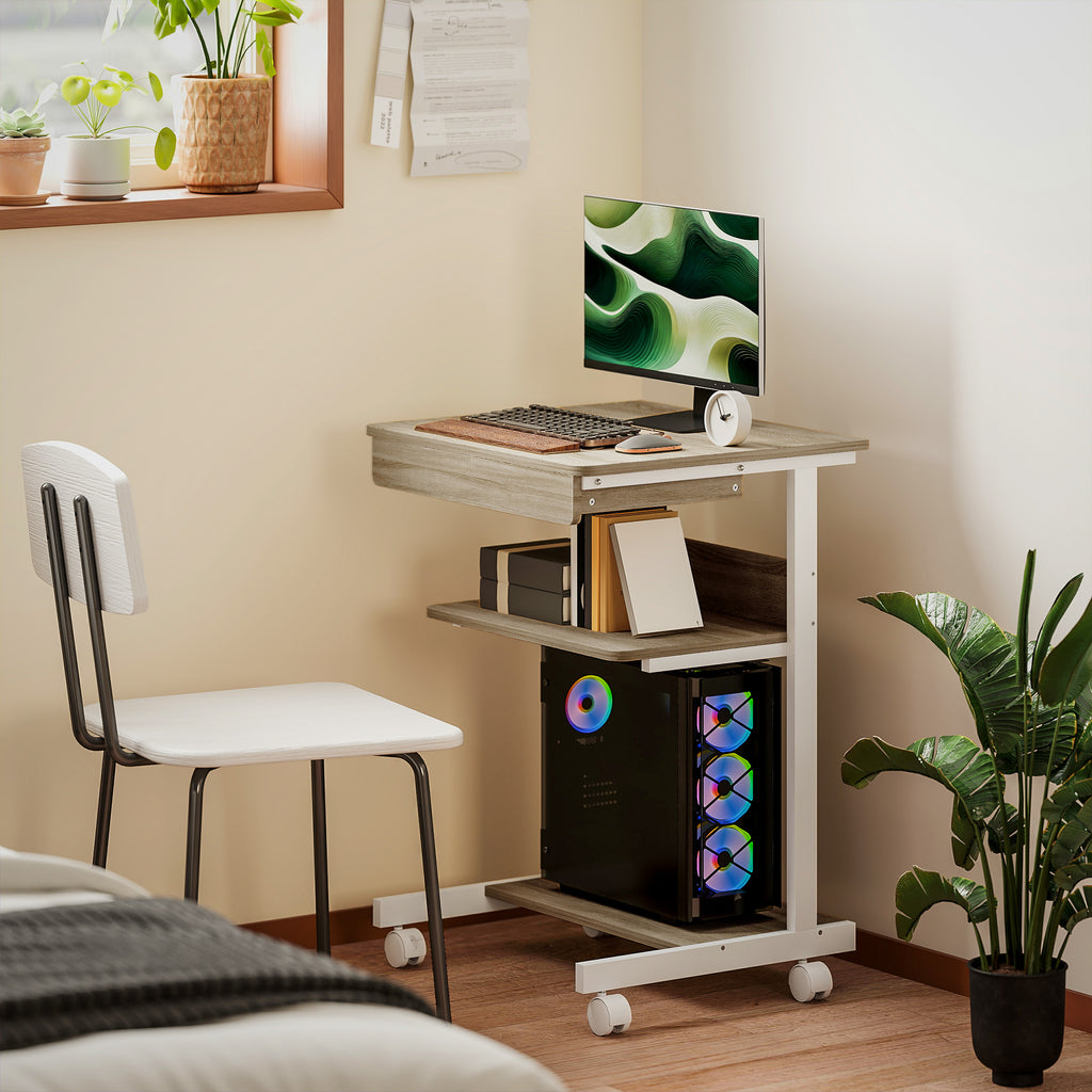 Bureau d'ordinateur sur roues, bureau avec rangement 56 x 51 cm avec tiroir, compartiment et support CPU, chêne-5