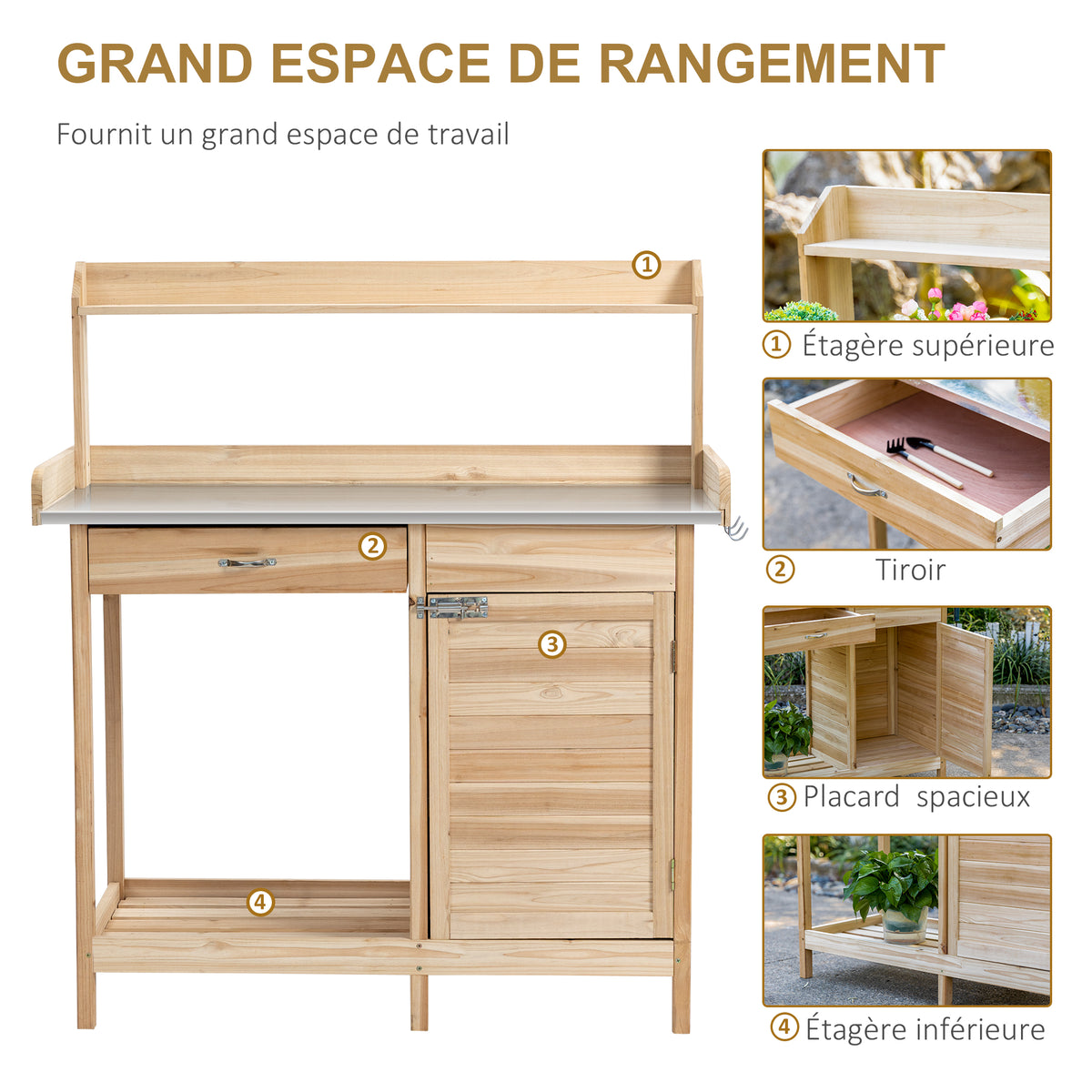 Table de rempotage table de jardinage avec 2 étagères, tiroir, placard, plateau tôle acier galvanisé avec-4