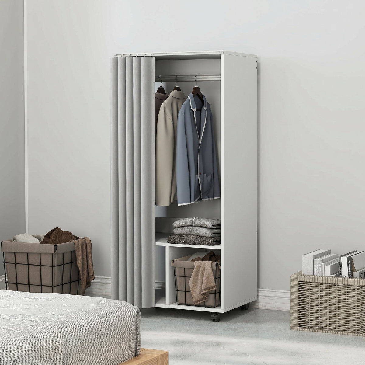 Armoire penderie armoire de rangement mobile avec rideau, tringle de suspension, 60 x 40 x 128 cm, blanc-6