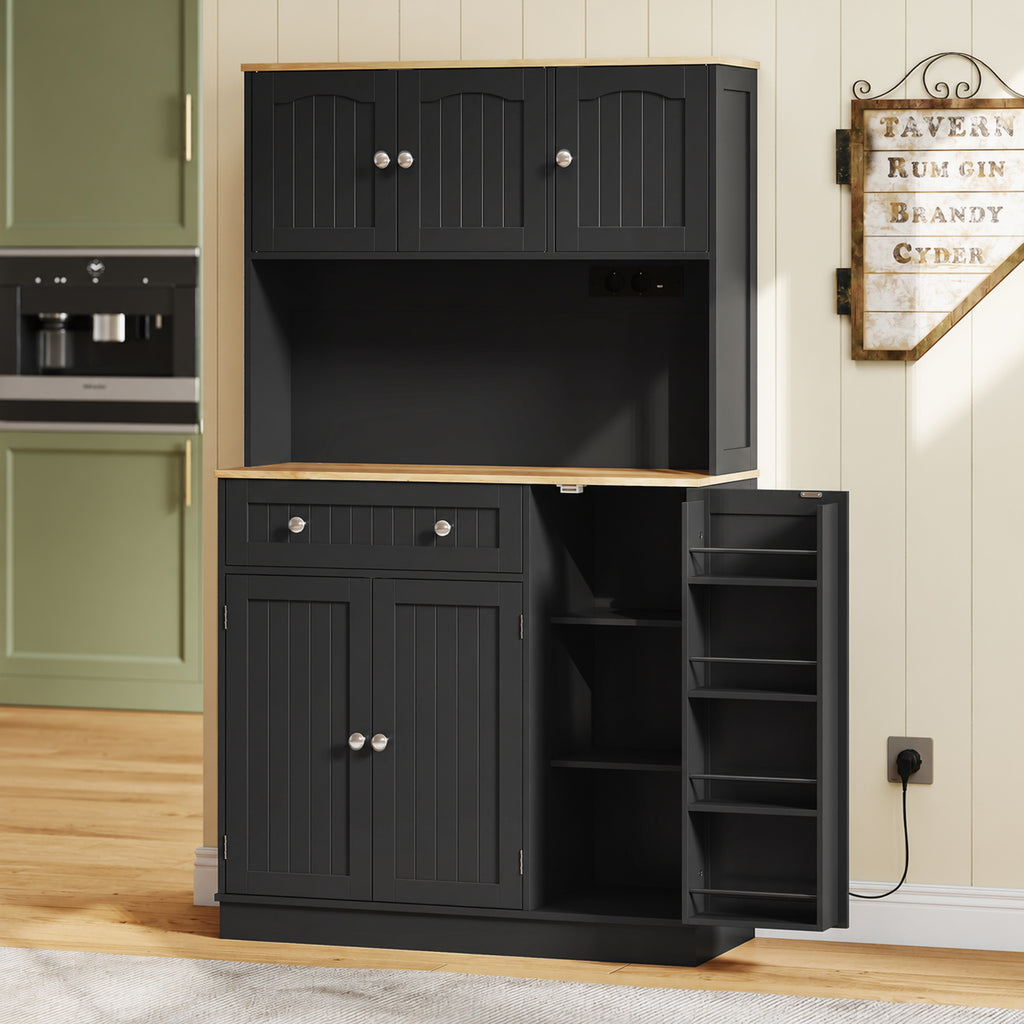 Buffet haut cuisine, armoire de cuisine, station de charge, 6 portes, plan de travail, porte-épices, 100x40x173cm, noir-1