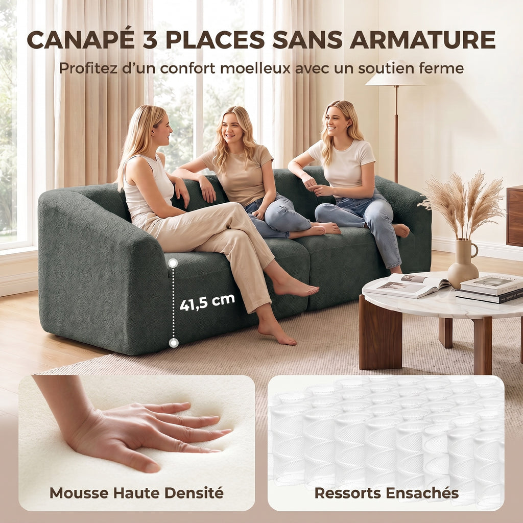 Canapé 3 places en chenille 225 cm, canapé salon rembourré moderne avec assise large, coussin à ressorts, vert foncé-3