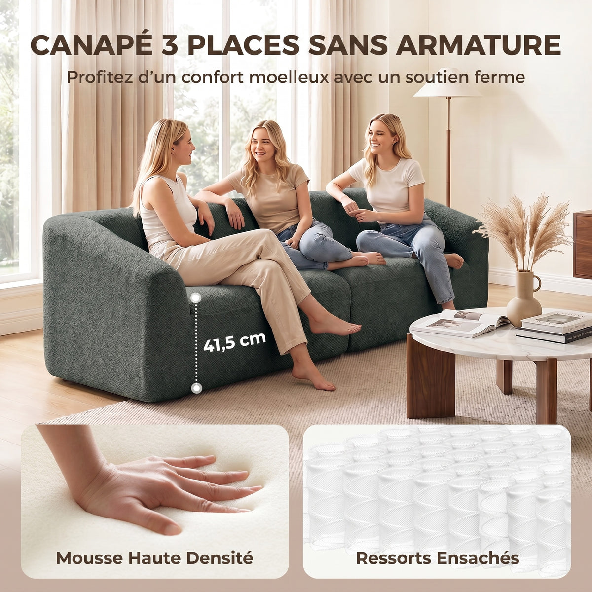 Canapé 3 places en chenille 225 cm, canapé salon rembourré moderne avec assise large, coussin à ressorts, vert foncé-3