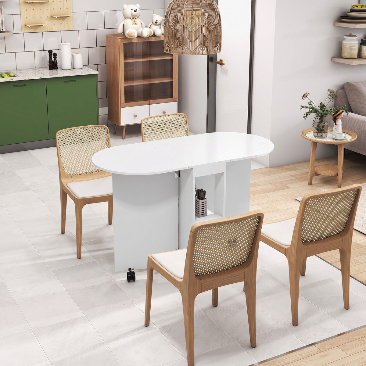 Table à manger pliante sur roulettes, table de cuisine pour 4 personnes, 2 abattants et 2 étagères, 120x60x77cm, blanc-1