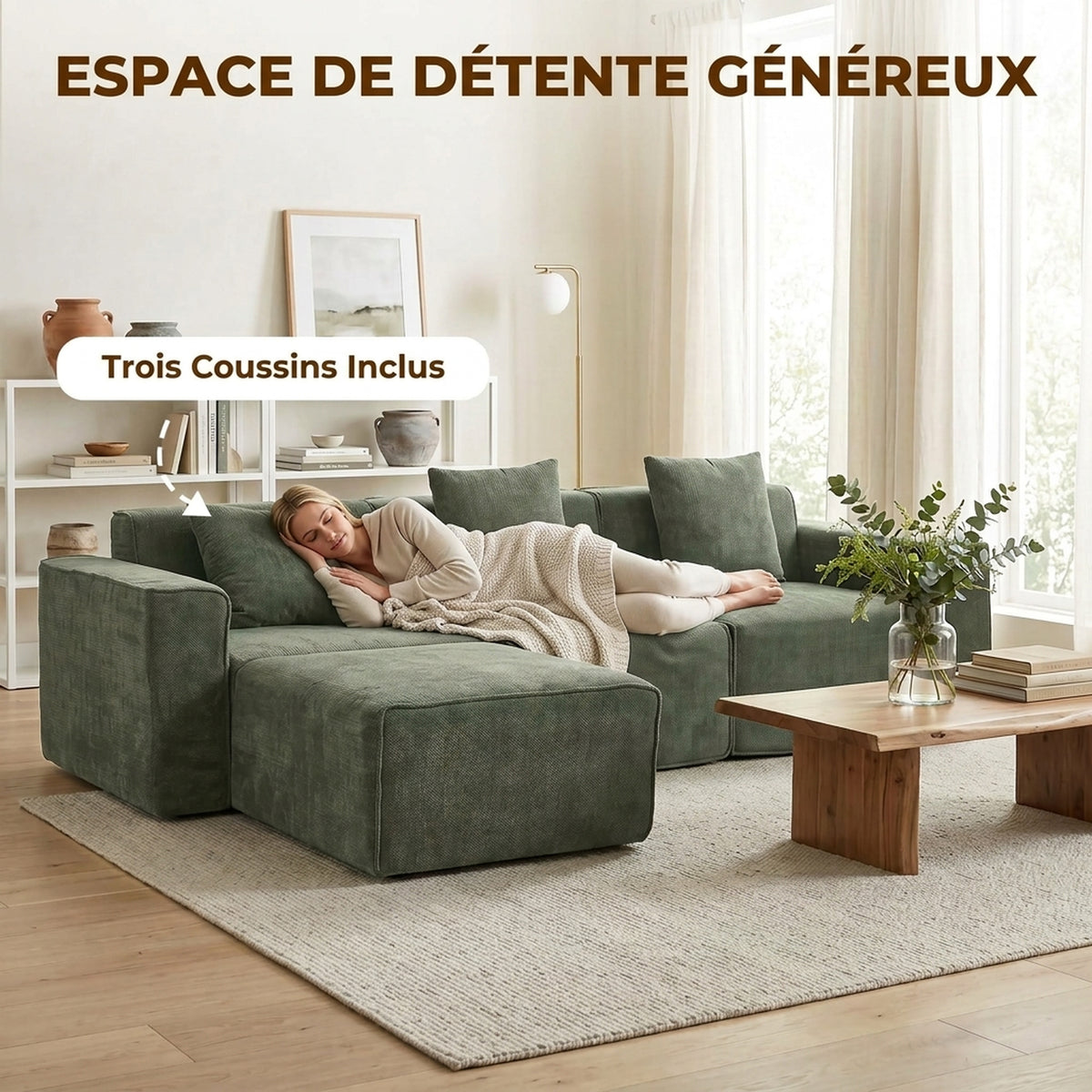 Canapé 3 Places avec Pouf Réversible, Canapé d'Angle Modulable en Chenille 251 cm Moderne, Assise Large, Vert-5
